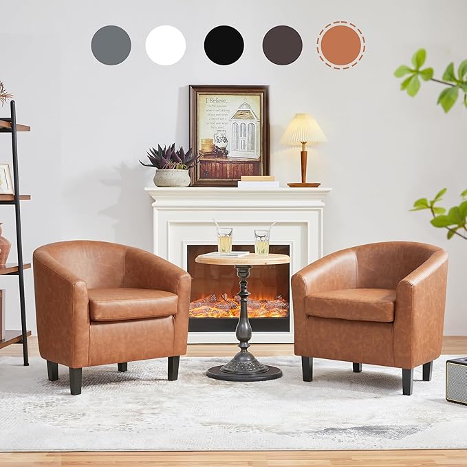 Yaheetech Brown Accent Chairs Set of 2 Faux Leather Barrel Chairs Comfy Modern Leather Club Armchairs with Soft Seat for Living Room Bedroom Reading Waiting Room Brown