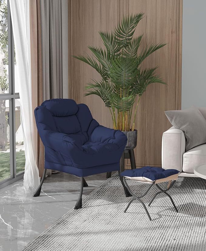 Living Room Chair with Ottoman Modern Lounge Accent Chair with Armrests and a Side Pocket Leisure Upholstered Sofa Lazy Chair Reading Chair with Footrest for Small Space (Navy Blue)