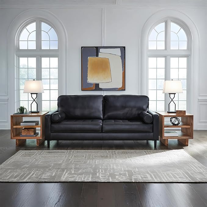 Signature Design by Ashley Bryceview Contemporary Leather Match Tufted Sofa with 2 Bolster Pillows Black