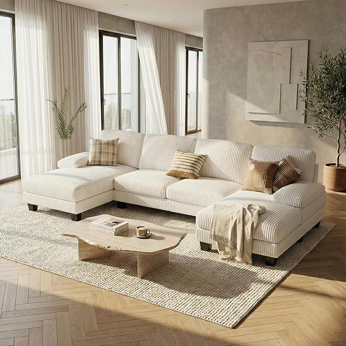 Homall Modular Sectional U Shaped Sofa Couches for Living Room Comfy Chenille 4 Seat Sofa Set with Removable Pillows Lounge Chaise Upholstered Couch for Apartment (Corduroy Beige)