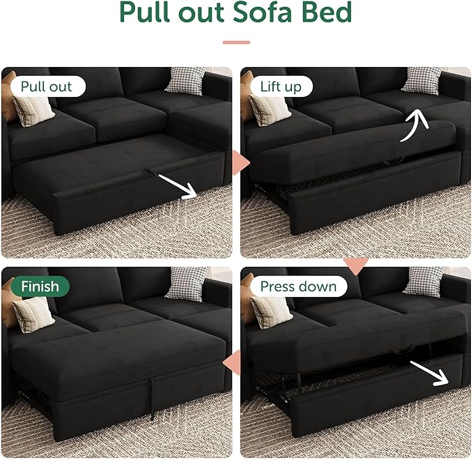 HONBAY Modular Sectional Sleeper Sofa with Pull Out Bed L Shaped Couch with Storage Seat Modular Sectional Couches for Living Room - Black