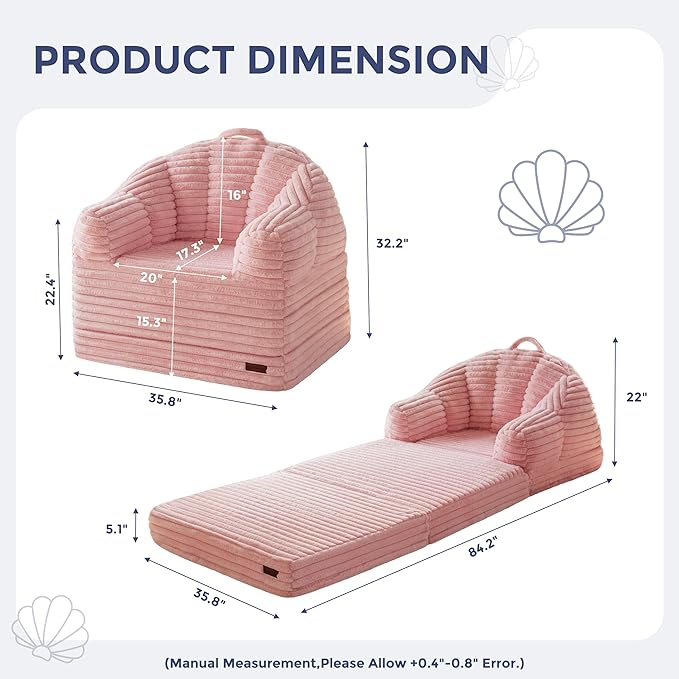 MAXYOYO Folding Sofa Bed 2 in 1 Convertible Sofa to Lounger Comfy Faux Fur Bean Bag Chair for Adults Floor Single Sleeper Couch Chair with Handle Couch Bed for Living Room Bedroom Pink