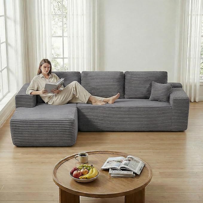 104 inch Boneless L-Shaped Sectional Sofa with Throw Pillow &amp Side Pockets- No Assembly Compressed Modular Couch Memory Foam Deep Seat for Living Room Bedroom Apartment Grey Left