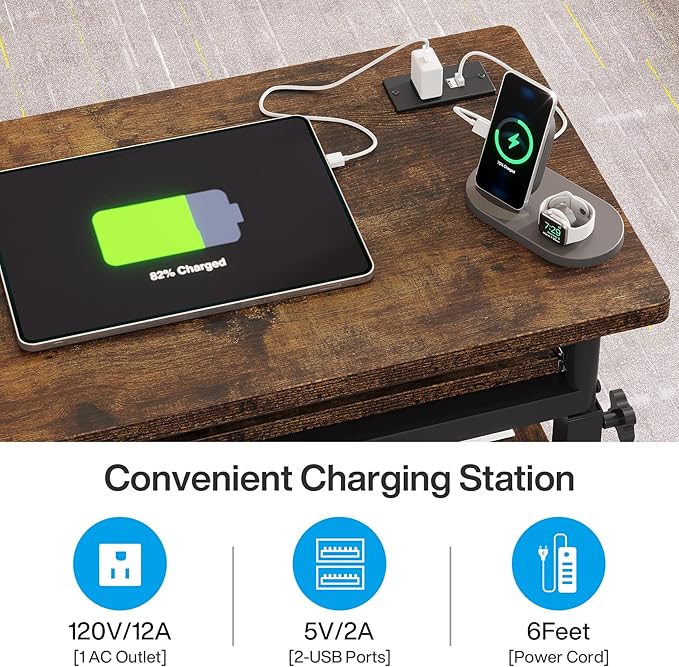 Tribesigns Small Portable Desk with Power Outlet Height Adjustable Sofa Couch Bedside Laptop Table with Wheels Mobile Standing Desk Rolling Computer Cart C Side Table with USB Ports
