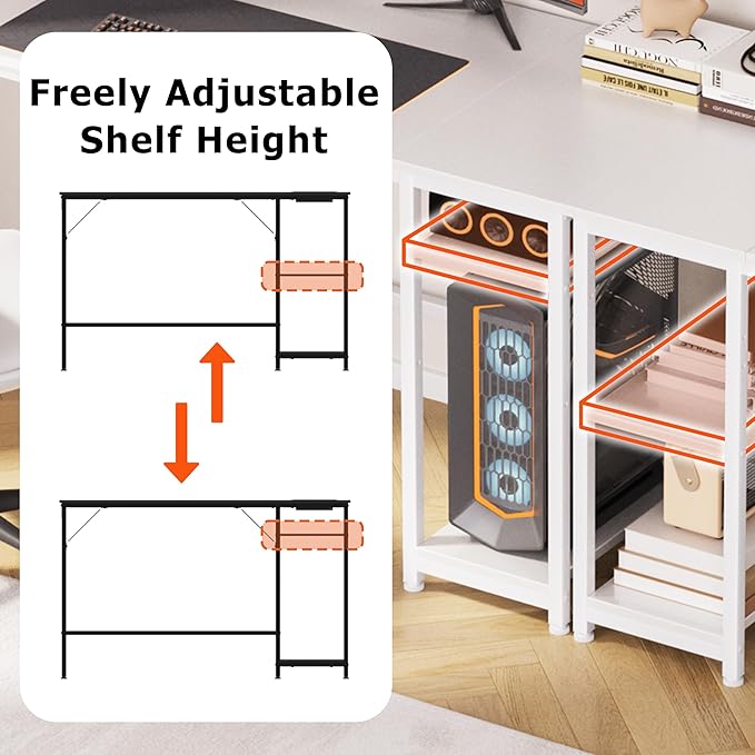 JOISCOPE Home Office Desk with Double Reversible Side Shelves and Headphone Hooks Small Computer Desk for Working Gaming Studying 48 inches White