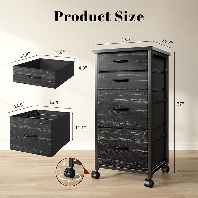 4 Drawers Mobile File Cabinet Vertical Filing Cabinet with Fabric Drawer Fits A4/Letter Size Printer Stand for Home OfficeBlack
