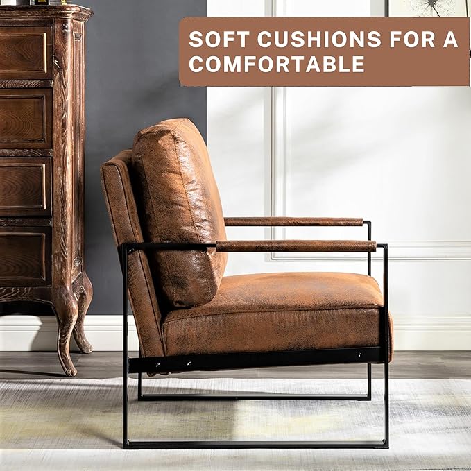 Modern Accent Chair for Living Room Bedroom Mid Century Arm Chair Microfiber Office Accent Chair Reading Chair with Metal Frame for Balcony Lounge Brown