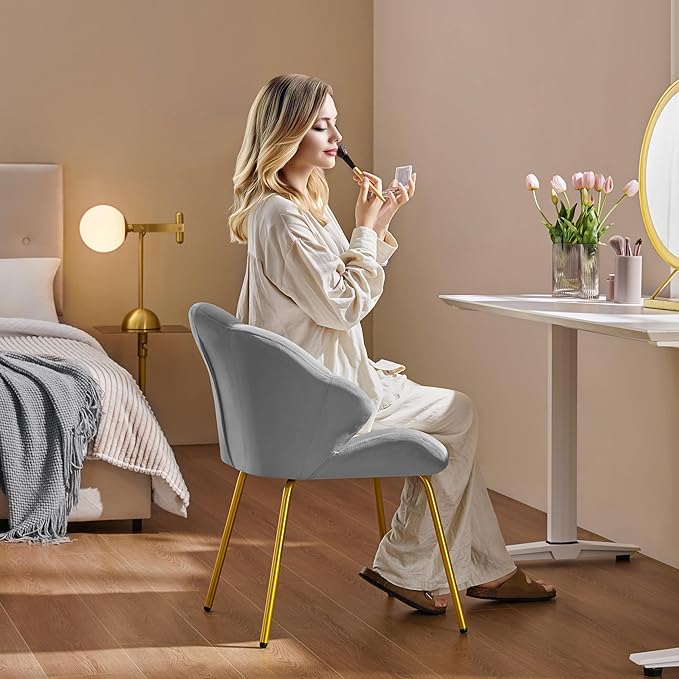 Yaheetech Vanity Chair Velvet Accent Chair with Shell-Shaped Backrest Modern Armchair with Gold Metal Legs for Dressing Room/Bedroom/Living Room Light Gray