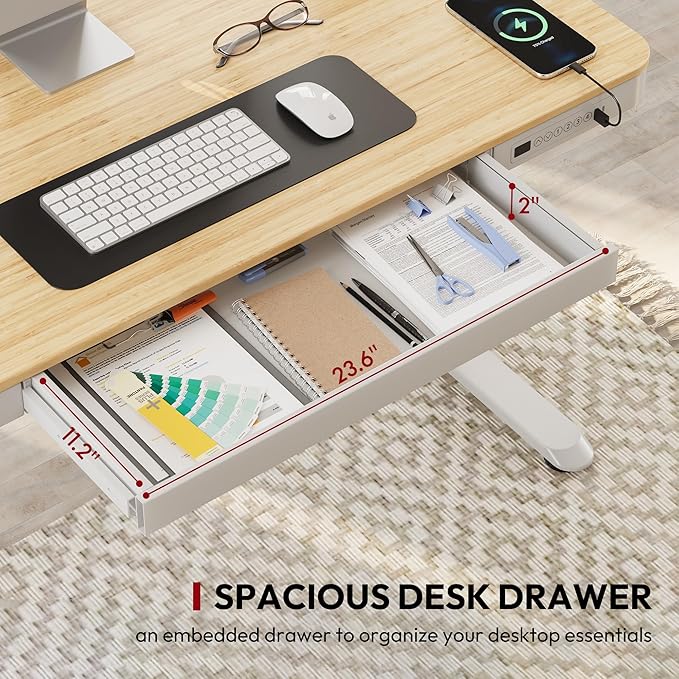 Standing Desk with Drawer Electric Height Adjustable Home Office Desk with Storage &amp USB Ports 48 inch Bamboo Texture Tabletop/White Frame