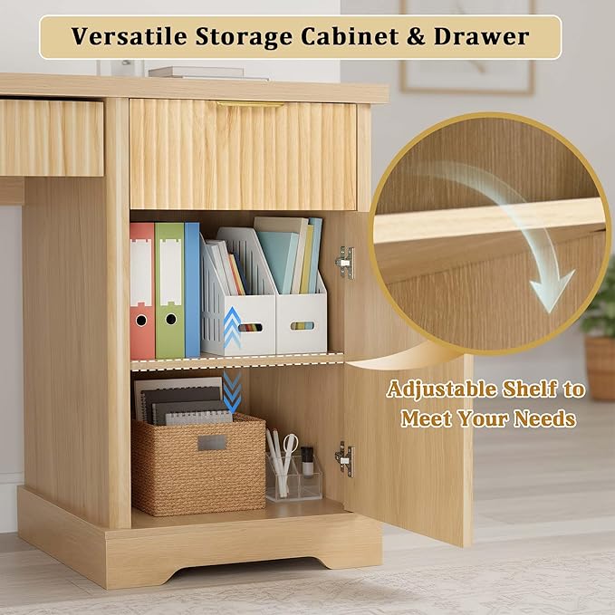 White Farmhouse Desk with Drawers &amp Charging Station Wood Executive Desk with Storage Cabinet &amp Keyboard Tray Computer Desks with Monitor Stand &amp Pegboard for Home Office (Light Oak)