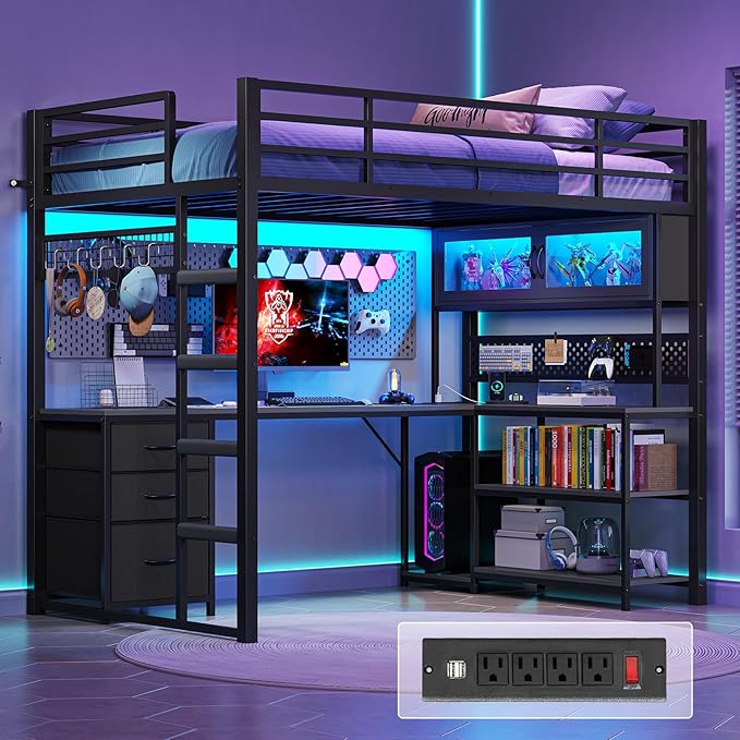 ADORNEVE Twin Size Loft Bed with L-Shaped Gaming Desk Storage Drawers &amp Hutch Expanded Safety Power Outlet Metal Loft Bed Frame with RGB Lights Space Saving for Teens Black