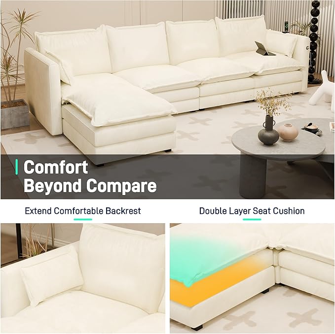 DYHOME l Shaped Sectional Couch with Padded Armrests Modern Modular Sectional Sofa 4 Seat with USB/Type-C Charging Port 27 Inch Deep Seat Chenille Cloud Couch with 6 Pillow for Living Room Bedroom