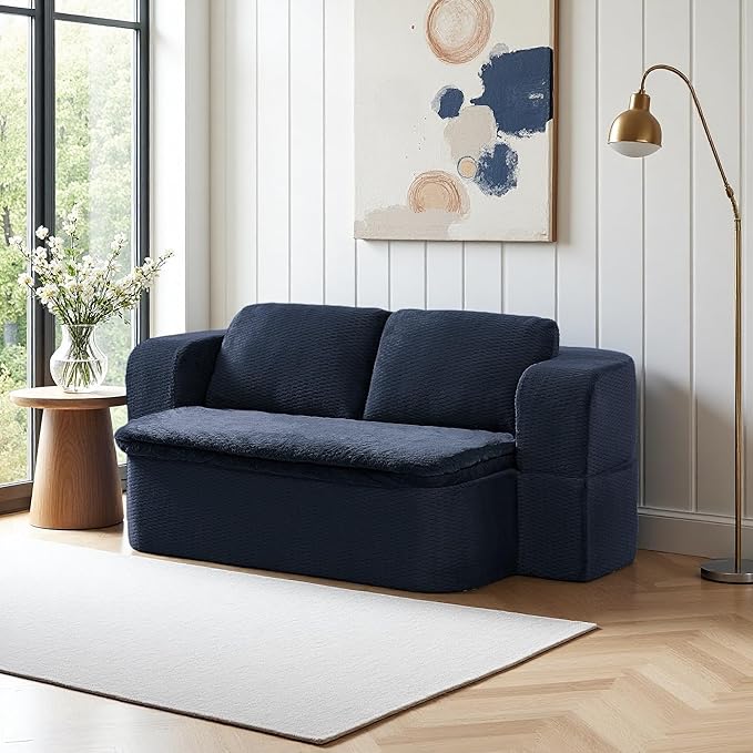 74.8 Inch Convertible Sleeper Sofa Bed Compressed Loveseat Sofa Folding Floor Mattress with Pillows and Blanket Small Couches for Living Room Bedroom Lounge No Assembly Required (Dark Blue)