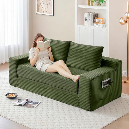 73 Convertible Sofa Bed Pull Out Boneless Loveseat Sleeper Sofa Corduroy Foldable Couch Bed with Storage Bag No Assembly Couch in a Box for Living Room Apartment (Green)
