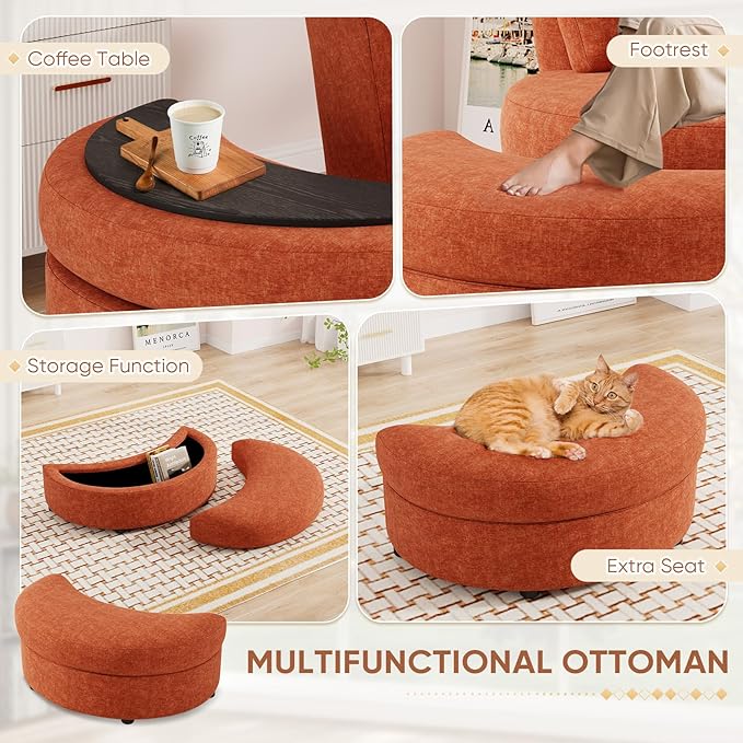 Oversized Swivel Accent Chair with Half Moon Storage Ottoman 42 W Chenille Round Swivel Barrel Chair Modern Upholstered Comfy Single Sofa Armchair for Living Room Bedroom Club(Orange)