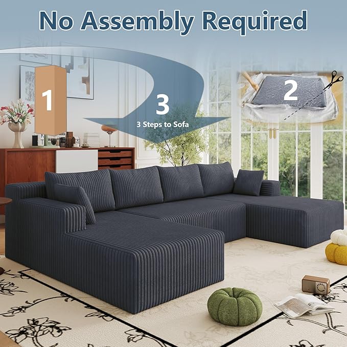 124 Corduroy U-Shaped Sectional Sofa Modern Modular Boneless 4-Seater Couch with 6 Pillows Upholstered Deep Seat DIY Cloud Sofa for Living Room No Assembly Required (Dark Grey)