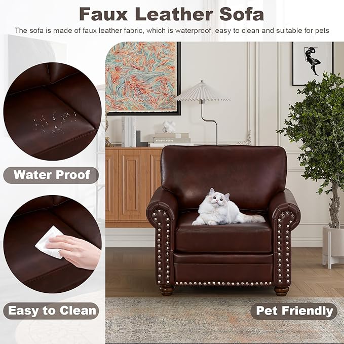 Faux Leather Accent Chair35 W Upholstered Mid Century Modern Armchair with Rivet Rolled ArmDeep Seat Comfy Single Sofa Chair for Living RoomBedroomApartmentOffice(Burgundy)