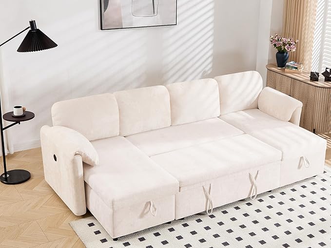 Tbfit 109'' Pull Out Sofa Sleeper Sofa Bed with USB &amp 2 Storage Chaises Comfy Oersized U Shaped Convertible Sectional Sleeper Couches for Living Room Apartment Office Beige