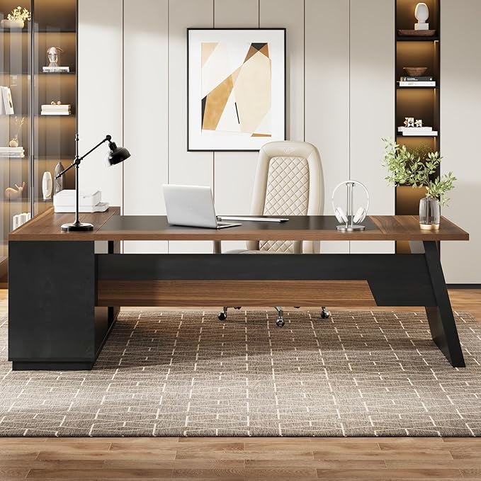 Tribesigns L-Shaped Executive Desk 78-Inch Modern Office Desk with Drawers and Lateral File Cabinet Large Bussiness Furniture with Storage Shelves Workstation for Home Office (Brwon + Black)