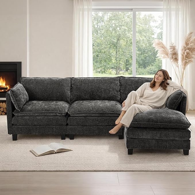 Cloud Modular Sectional Sofa U-Shaped Deep Seat Oversized Couch for Large Living Room Pet-Friendly Chenille Fabric Sofa Set with Ottoman for Family Movie Nights