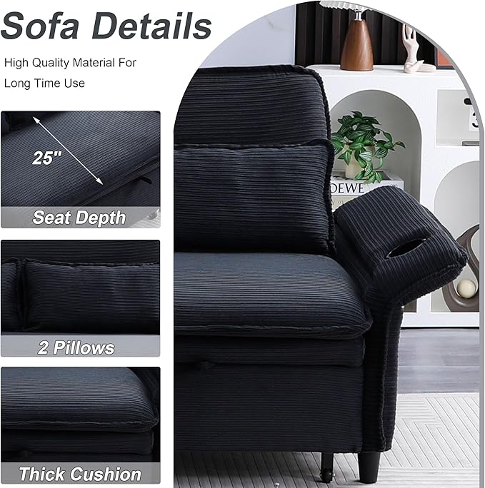 3 in 1 Convertible Sleeper Sofa Bed Loveseat Sleeper 65” Pull Out Couch Adjustable Armrest and Backrest with 2 Pillows for Living Room Bedroom (Black)