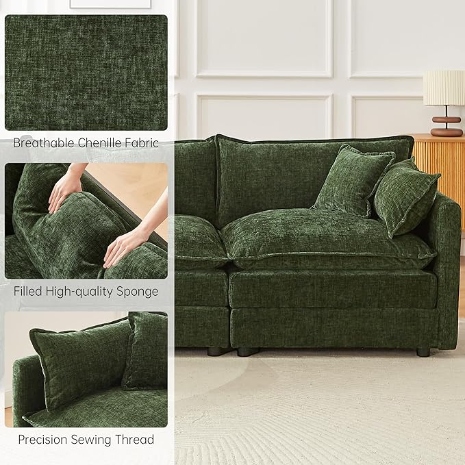 Modular Sectional Sofa 112.2 Inch U Shaped Couch Set with Armrests 3-Seater Comfy Cloud Couches with Movable Ottoman for Living Room Apartment Green