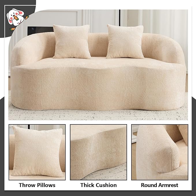 67 Curved Loveseat Sofa with 2 Pillows Boneless Curved Couch with Round Armrest Cloud Sofa for Living Room Bedroom Small Spaces Teddy Modern Compressed No Assembly (Beige Warm)
