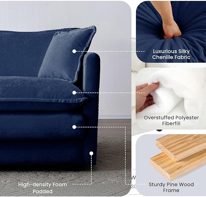 Chenille Oversized Accent Chair - 39”W Big Comfy Modular Cloud Chair Cozy Reading Chair for Living Room Kids Room Reading Nook Bedroom Family Navy Blue