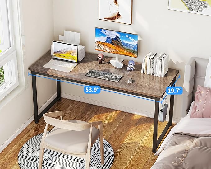 Casaottima 54 Inch Computer Desk for Home Office Study Writing Table for Small Spaces Simple Modern Desk with Headphone Hooks Grey Oak