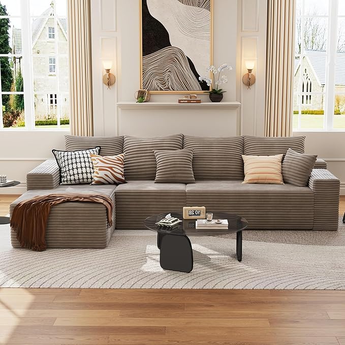 135.4 Cloud Sectional Couch with L-Shape Chaise Modern Modular 4-Seater Sofa with Deep Seat Corduroy Upholstered Couches for Living Room Bedroom No Assembly Required(Camel Left Facing)