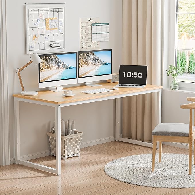 SUPER DEAL Computer Desk 55 Inch Modern Sturdy Office Desk PC Laptop Notebook Simple Writing Table for Home Office Workstation Natural Oak