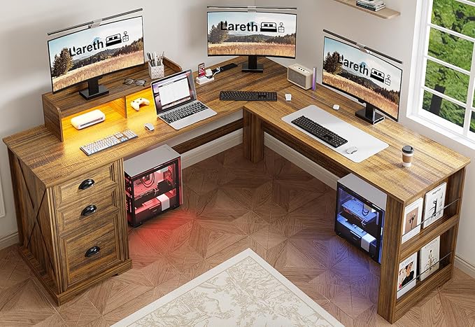L Shaped Desk with Monitor Stand Farmhouse Computer Desk with LED Lights Executive L Corner Desk with Power Outlets Home Office Desk with Storage File Drawers for Home Working Gaming Walnut