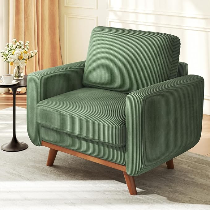 38.5 Green Corduroy Accent Chair Comfy Deep Seat Armchair with Spring Cushion Modern Reading Sofa for Living Room Bedroom