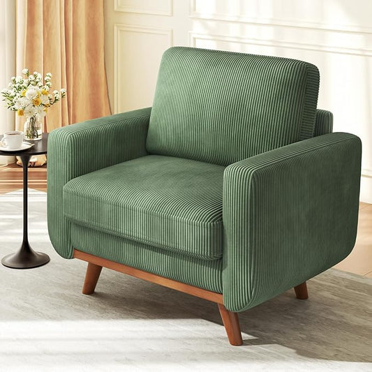 38.5 Green Corduroy Accent Chair Comfy Deep Seat Armchair with Spring Cushion Modern Reading Sofa for Living Room Bedroom