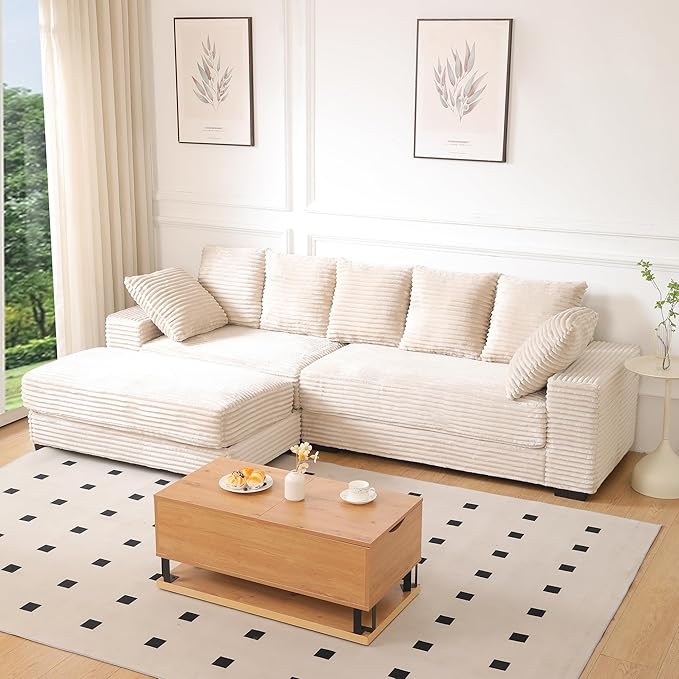 108.6 Corduroy Modular Sectional Sofa with Ottoman &amp Storage Modern Deep-Seat L-Shaped Sectional with 8 Pillows Cloud-Like Couch for Living Room Office &amp Apartment Beige