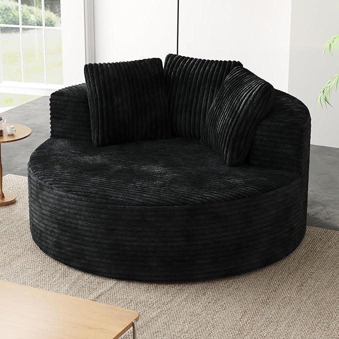 JACH Oversized Sofa Chaise with Three Pillows 50 Corduroy Deep Seat Single Sleeper Sofas Round Upholstered Lazy Floor Sofa for Living Room Apartment Black