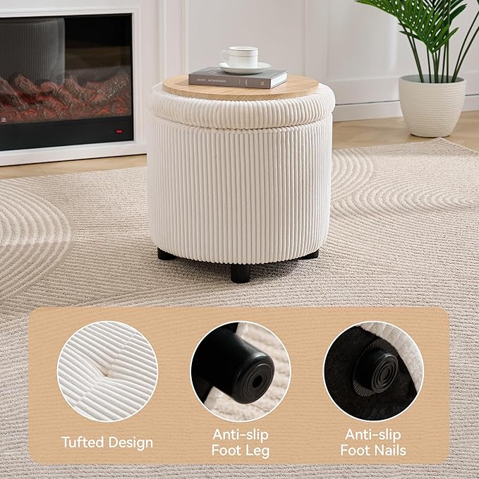 Corduroy Storage Ottoman with Flip-Top Tray Modern Upholstered Ottoman Coffee Table Dual Leg Options Ottoman Footrest for Living Room Bedroom Office White