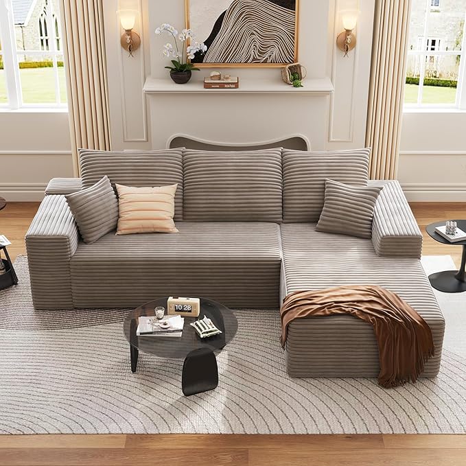 107 Cloud Sectional Couch with L-Shape Chaise Modern Modular Sofa with Deep Seat Corduroy Upholstered Couches for Living Room BedroomNo Assembly Required(Camel Right Facing)