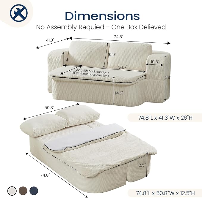 74.8 Inch Convertible Sleeper Sofa Bed Compressed Loveseat Sofa Folding Floor Mattress with Pillows and Blanket Small Couches for Living Room Bedroom Lounge No Assembly Required (Beige)