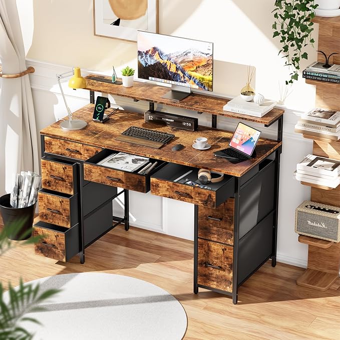 HLDIRECT 47 inch Computer Desk with 8 Storage Drawers Gaming Desk with LED Lights &amp USB Power Outlets Home Office Table with Monitor Stand Study Writing Work Table for Bedroom Rustic Brown