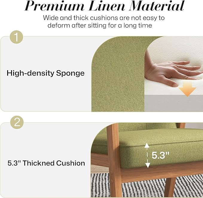 KCC Mid-Century Modern Linen Fabric Accent Chair Upholstered Tufted Leisure Chair Comfy Reading Side Chair with Armrest and Solid Wood Frame for Living Room Bedroom Balcony(Green)