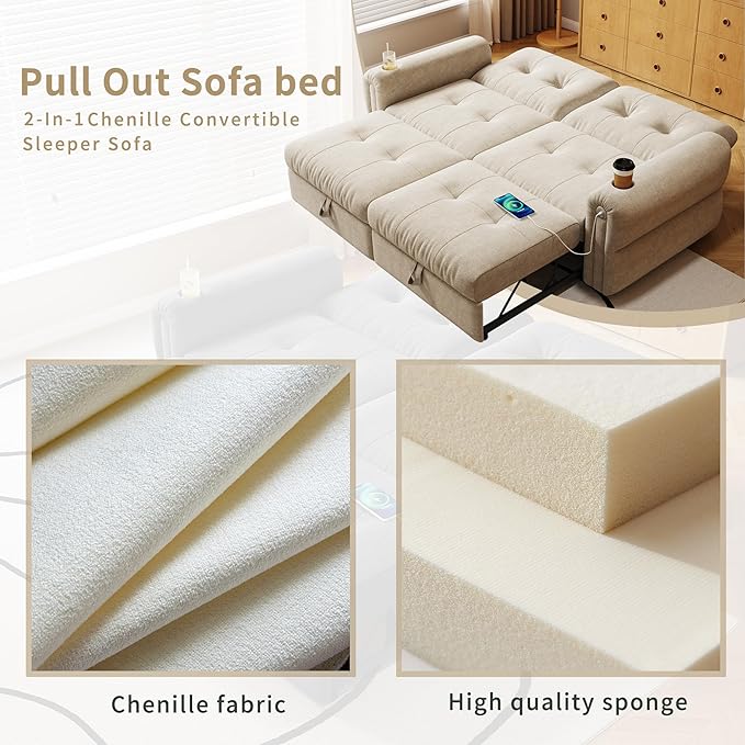 77'' Pull Out Couch Full Chenille Sleeper Sofa Bed with 5-Minute Assembly Convertible Futon Sofa Bed Adjustable Backrest USB 2 Cup Holders Loveseat for Living Room Office Light Brown