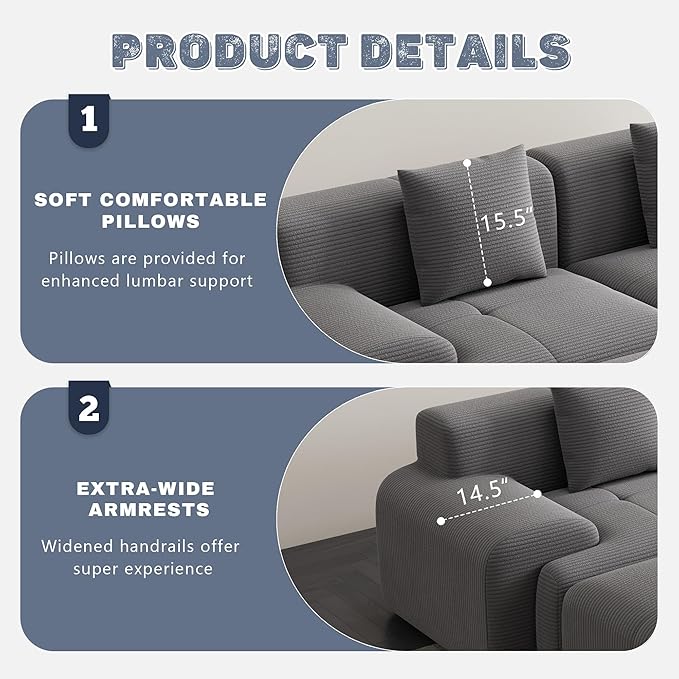 120 Cloud Modular Sectional CouchBoneless SofaL-Shape Upholstered Sofas with Deep SeatModern Cozy Corduroy Couches with Memory FoamNo Assembly Required for Living Room(Dark Grey)