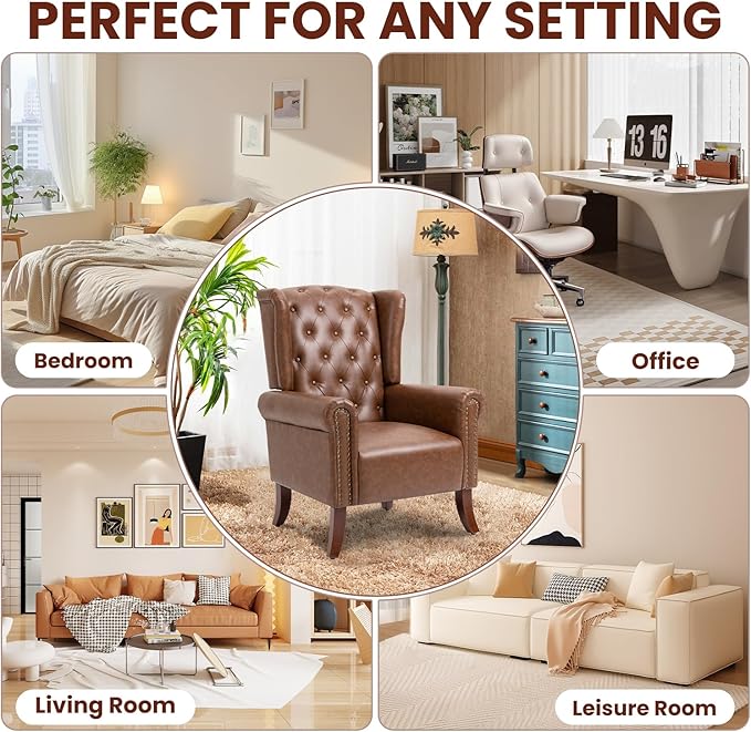 Faux Leather Accent Chair Mid-Century Armchair Upholstered Club Sofa Chair with Wooden Legs High Back Living Room Chair for Bedroom Office Lounge (Brown)