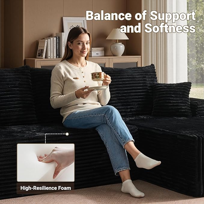 96 Cloud Sectional Couches for Living RoomL Shaped Boneless Couch with Comfy ChaiseModular Sofa with Deep Seat No Assembly RequiredBlack | Tool Free Assembly