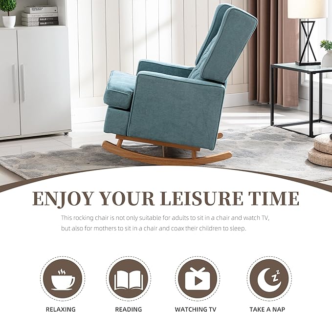 QQU Rocking Chair with Arms Leisure Chair IndoorComfy High Back Chair with Solid Wood Base Side Pocket for Living RoomBedroomOffice(A-Mint Green)