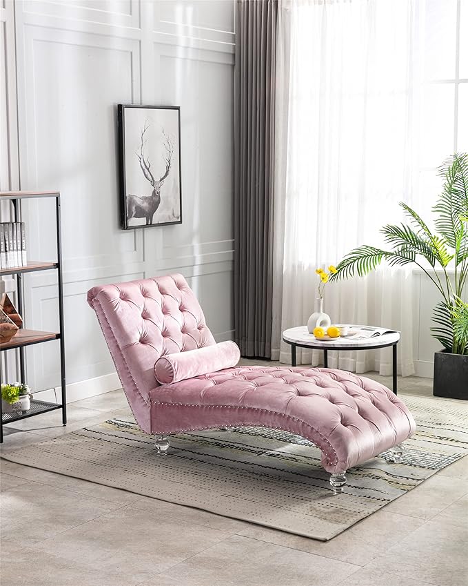 Leisure Velvet Concubine Sofa Accent Sofa Chaise Reclining Lounger Barrel Sofa with Acrylic Feet (Pink)