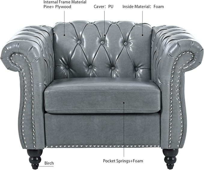 Chesterfield Leather Chair Single Tufted Sofa Club Chair Throne Chair Vintage Living Room Furniture Accent Rolled Arm Chairs for Bedroom Apartment Gray PU