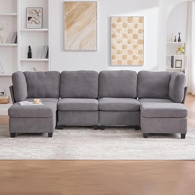 113 U Shaped Modular Sectional Sofa Couch with Storage Ottoman 6 Seat Convertible Upholstered Deep Seat Sleeper Sofa with Chaise Lounge Cloud Couch for Living Room Grey