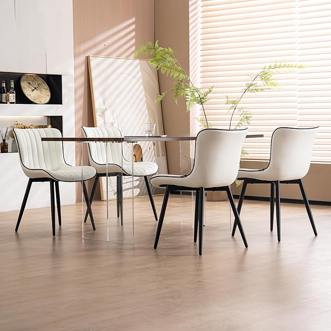 YOUNUOKE Mid-Century Modern Dining Chairs Set of 2 White PU Leather Upholstered Kitchen Chairs with Black Metal Legs Armless Accent Chair for Dining Room Guest Reception Room